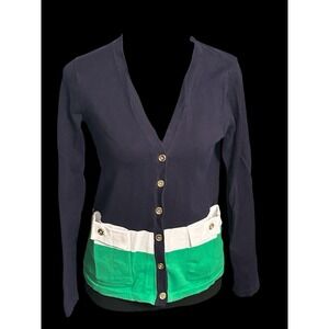 Jones New York Signature Petite PP Navy Open-Front Buttons Striped‎ Cardigan